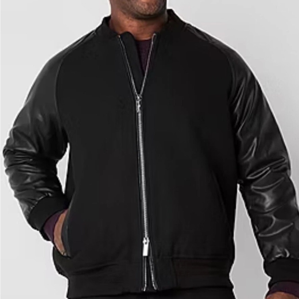 Shaquille O'Neal Full-Zip Jacket Faux Leather Sleeves Black Size XLG 5XLT $200
